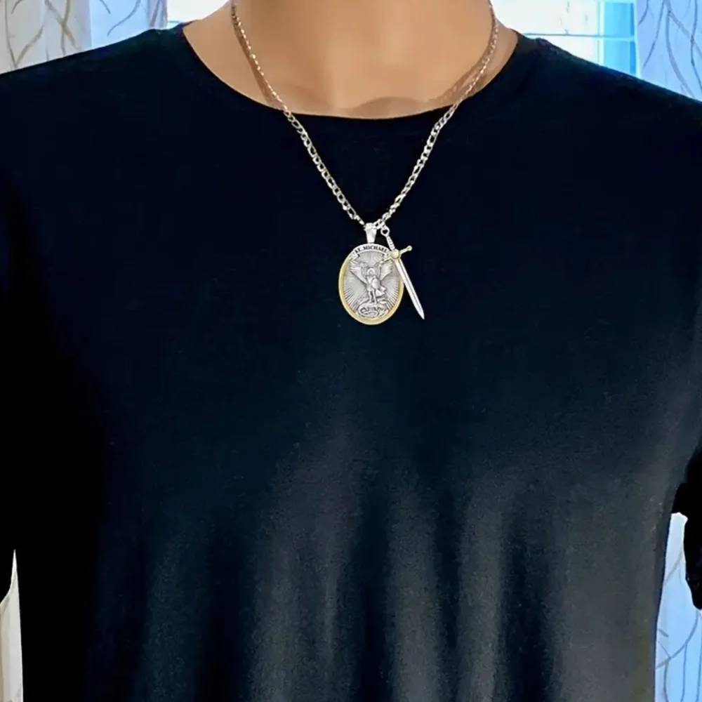 Archangel St. Michael Silver Tone Pendant Chain Necklac